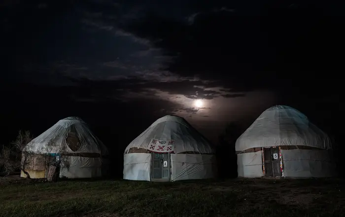 Kazakh yurts at night in the Kyzylkum desert, Uzbekistan