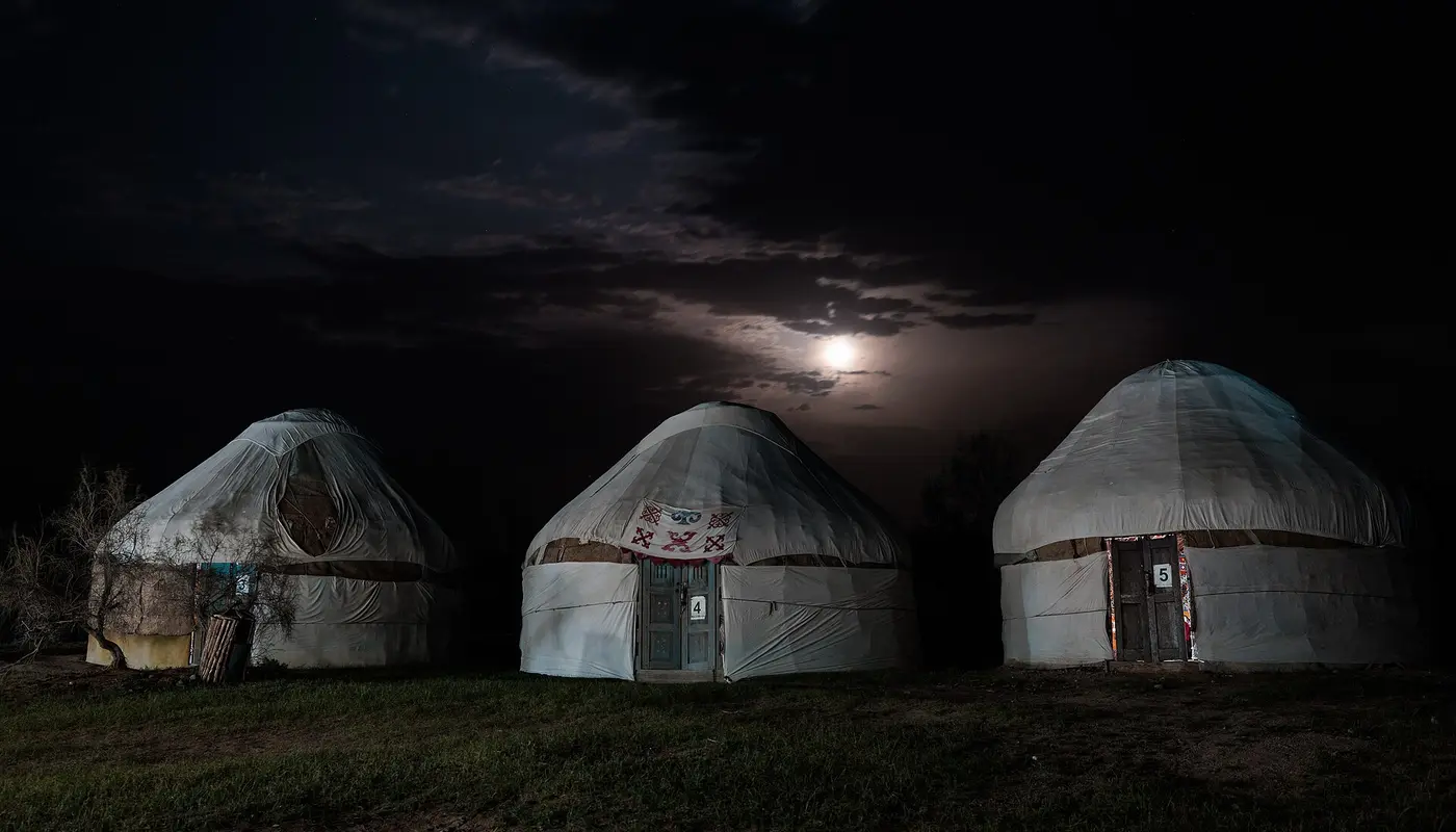 Kazakh yurts at night in the Kyzylkum desert, Uzbekistan